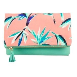 Rachel Pally bag tropical Vegan Leather Fold Over Clutch Peach teal zip bag
